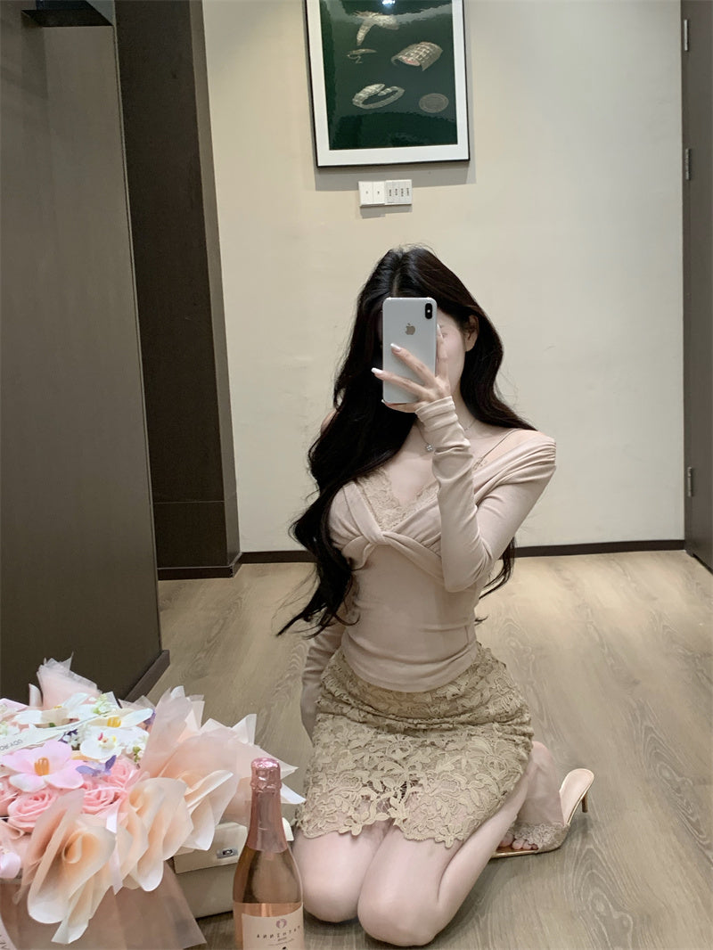 Amazing Long Sleeve Lace Splicing Mini Dress Refined Off Shoulder 2-Piece Set Sheath Short Dress AP3810