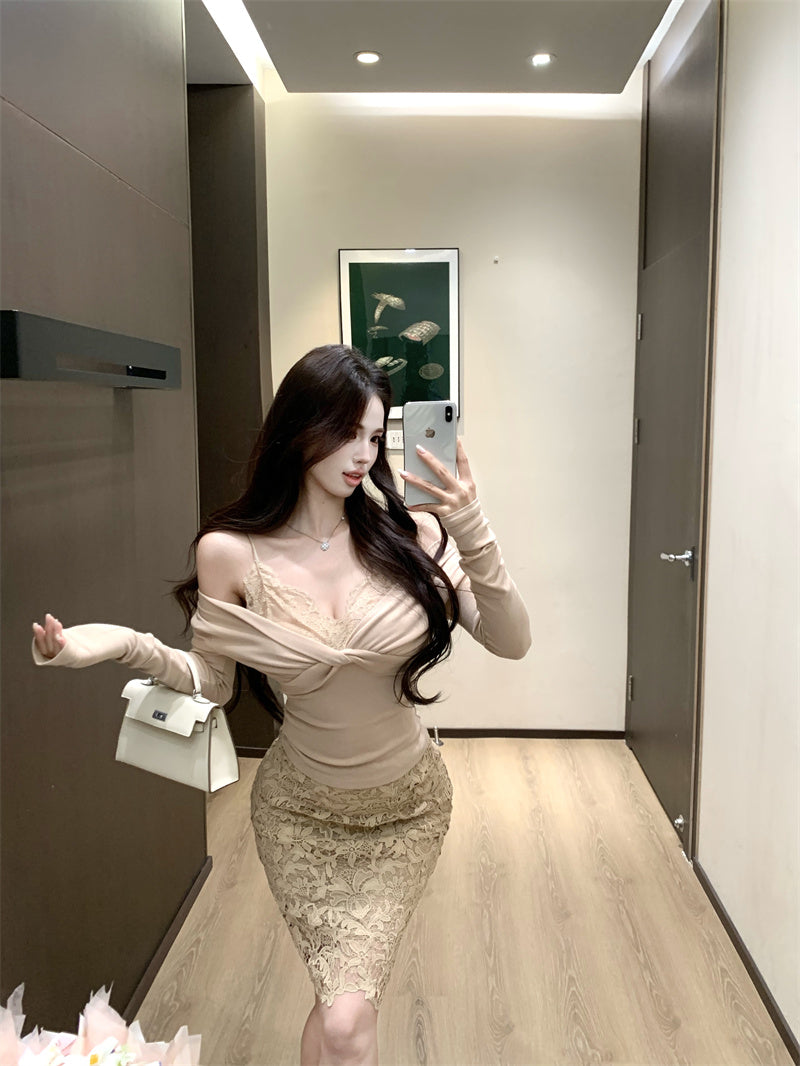 Amazing Long Sleeve Lace Splicing Mini Dress Refined Off Shoulder 2-Piece Set Sheath Short Dress AP3810