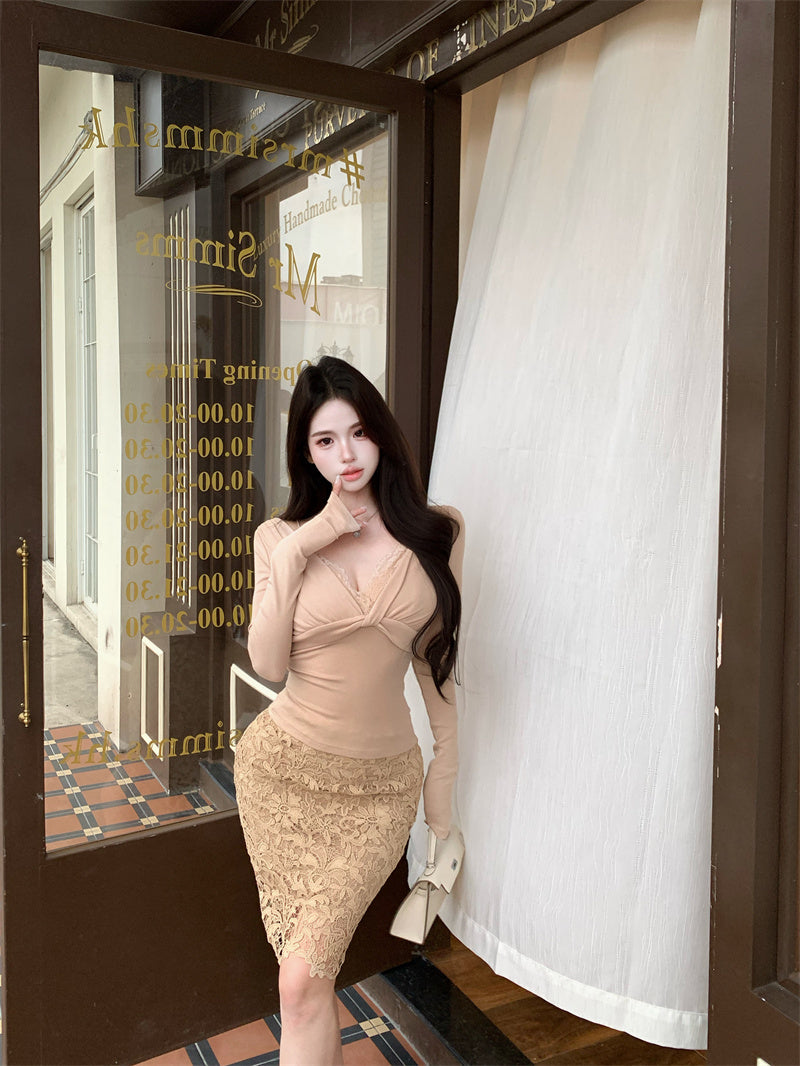 Amazing Long Sleeve Lace Splicing Mini Dress Refined Off Shoulder 2-Piece Set Sheath Short Dress AP3810