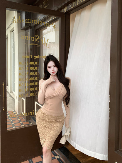 Amazing Long Sleeve Lace Splicing Mini Dress Refined Off Shoulder 2-Piece Set Sheath Short Dress AP3810