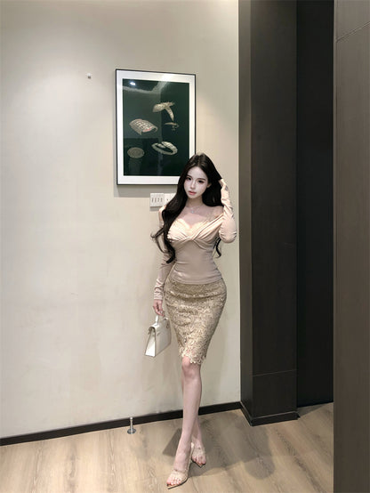 Amazing Long Sleeve Lace Splicing Mini Dress Refined Off Shoulder 2-Piece Set Sheath Short Dress AP3810