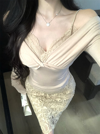 Amazing Long Sleeve Lace Splicing Mini Dress Refined Off Shoulder 2-Piece Set Sheath Short Dress AP3810