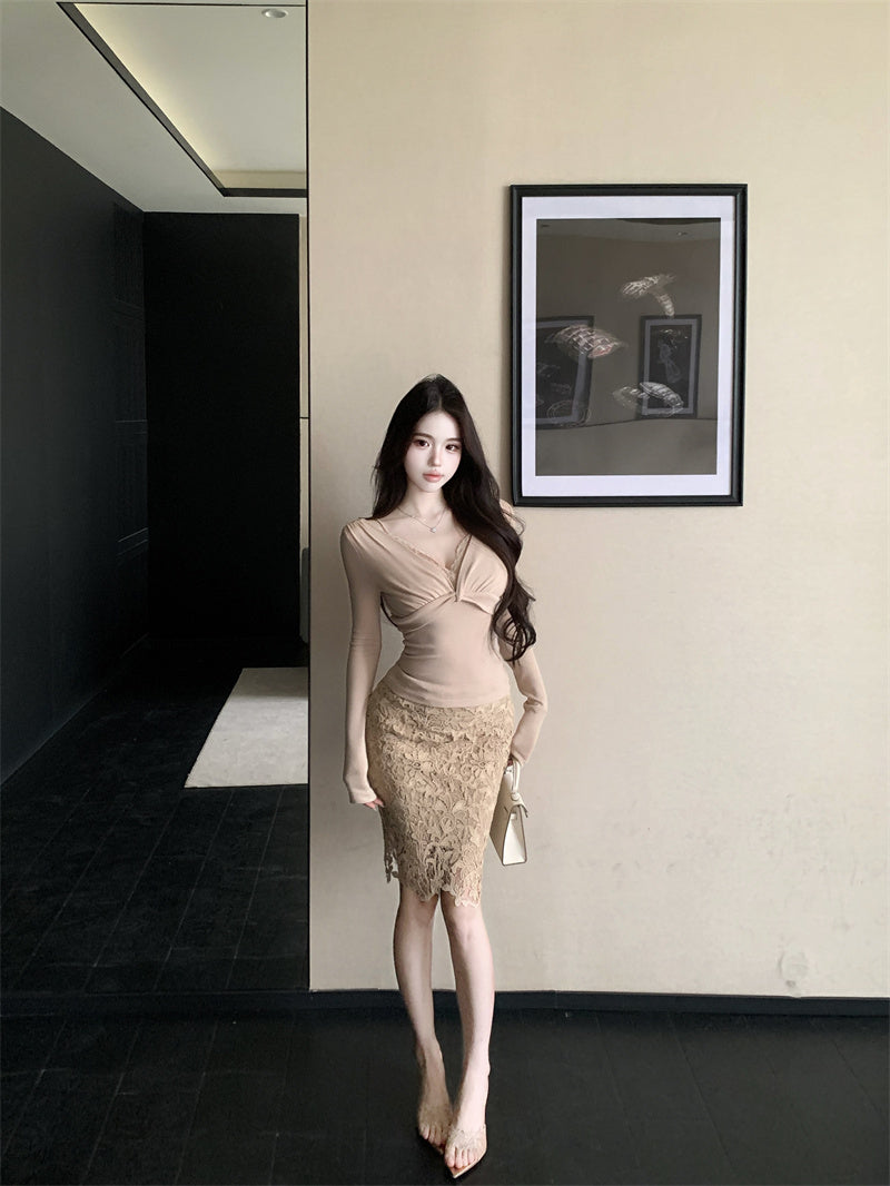 Amazing Long Sleeve Lace Splicing Mini Dress Refined Off Shoulder 2-Piece Set Sheath Short Dress AP3810