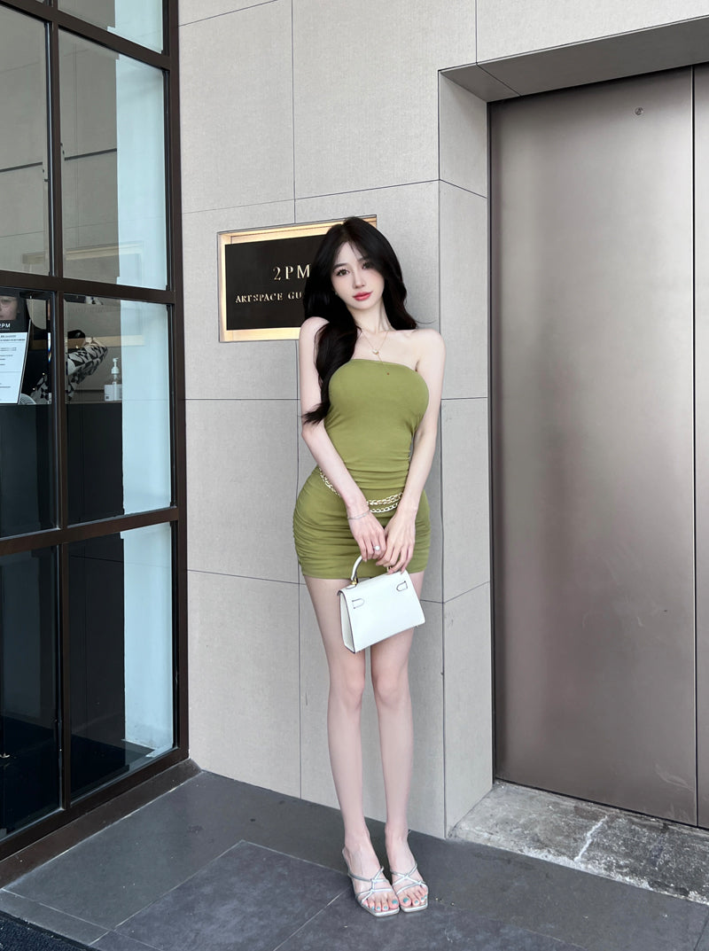 Appealing Green Bodycon Chain Design Mini Skirt Y2K Style Strapless Cinched-Waist Short Dress AP3811