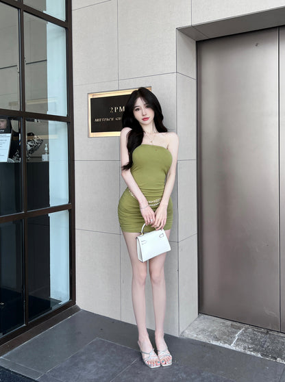 Appealing Green Bodycon Chain Design Mini Skirt Y2K Style Strapless Cinched-Waist Short Dress AP3811