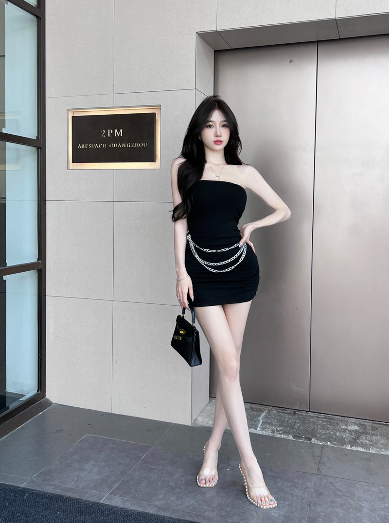 Fascinating Chain Design Strapless Mini Skirt Alluring Bodycon Cinched-Waist Short Dress AP3812