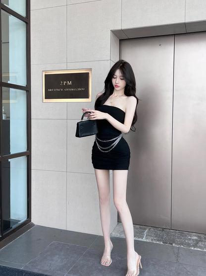 Fascinating Chain Design Strapless Mini Skirt Alluring Bodycon Cinched-Waist Short Dress AP3812