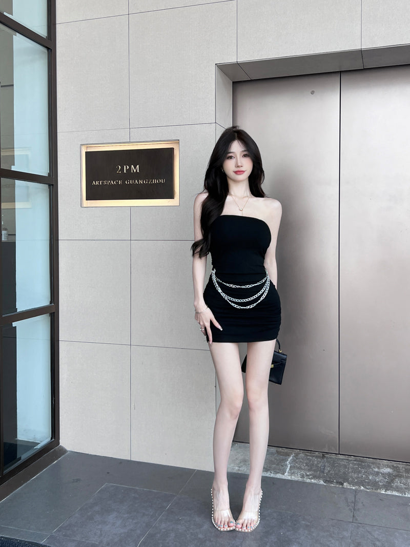 Fascinating Chain Design Strapless Mini Skirt Alluring Bodycon Cinched-Waist Short Dress AP3812