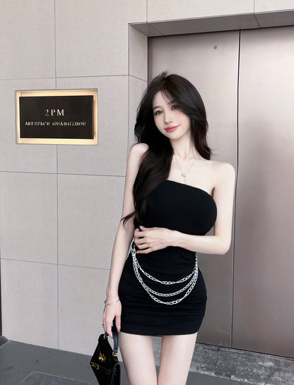 Fascinating Chain Design Strapless Mini Skirt Alluring Bodycon Cinched-Waist Short Dress AP3812