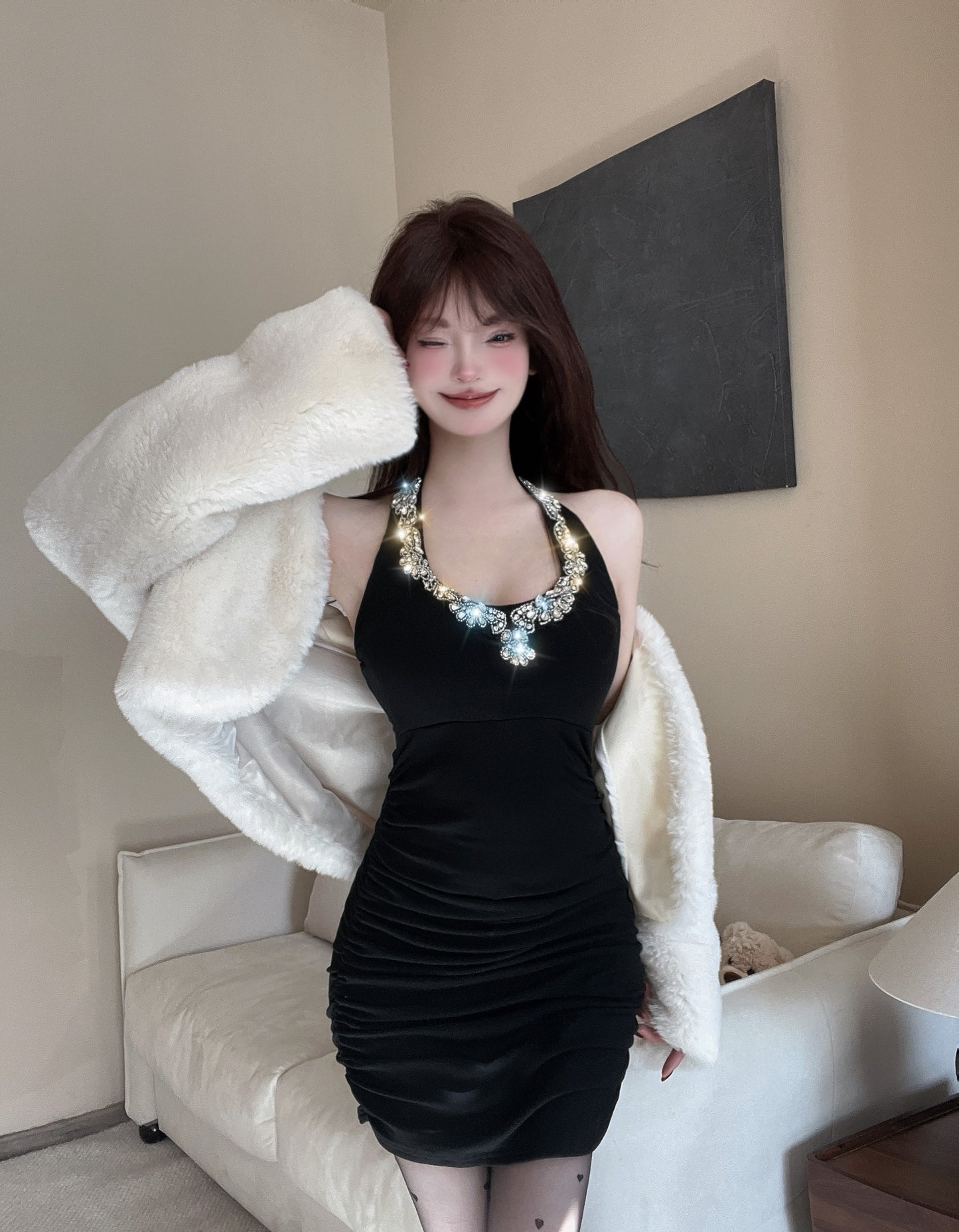 Splendid Bodycon Crystals Sequins Design Mini Skirt Playful Black Cinched-Waist Halter Short Dress AP3813