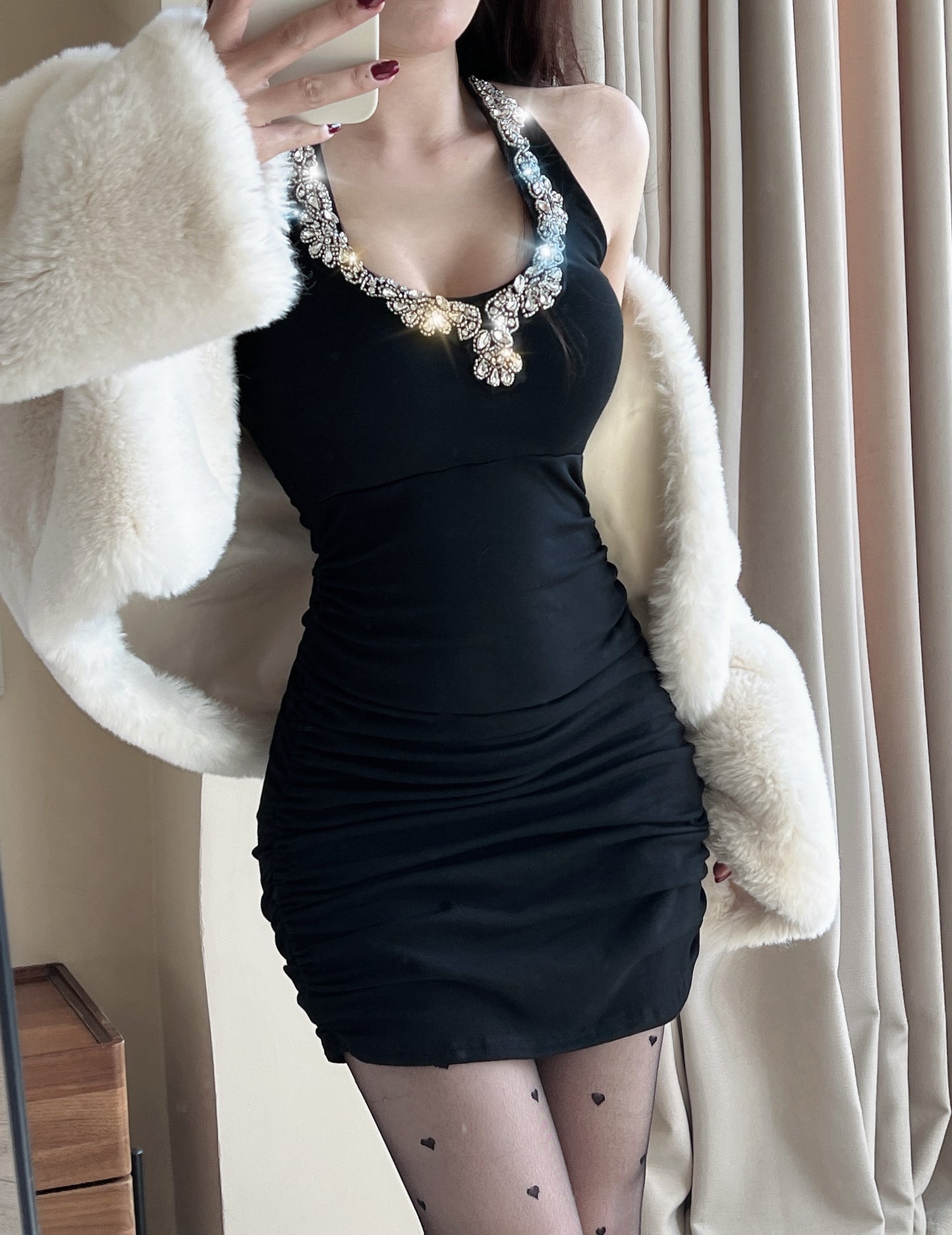 Splendid Bodycon Crystals Sequins Design Mini Skirt Playful Black Cinched-Waist Halter Short Dress AP3813