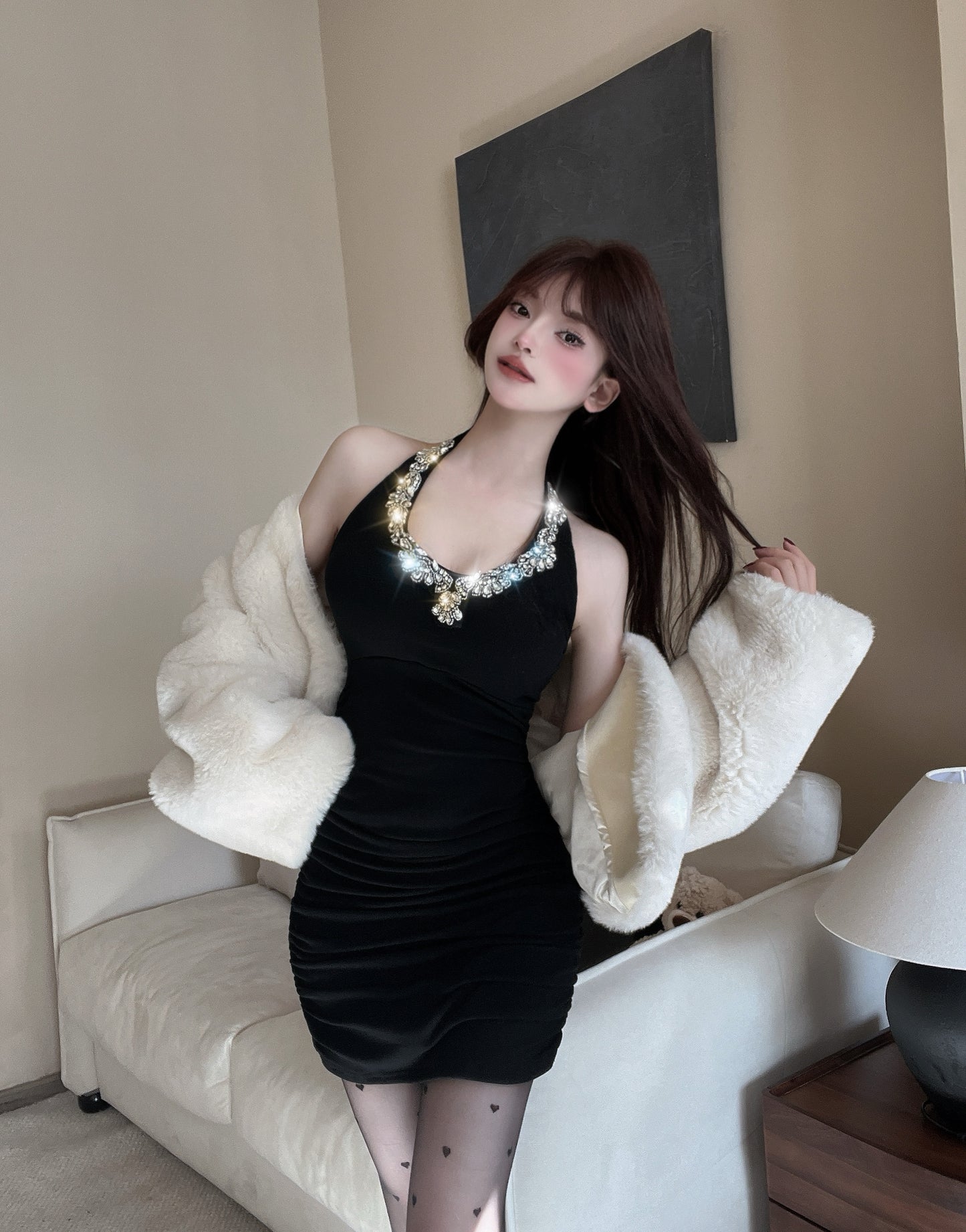 Splendid Bodycon Crystals Sequins Design Mini Skirt Playful Black Cinched-Waist Halter Short Dress AP3813