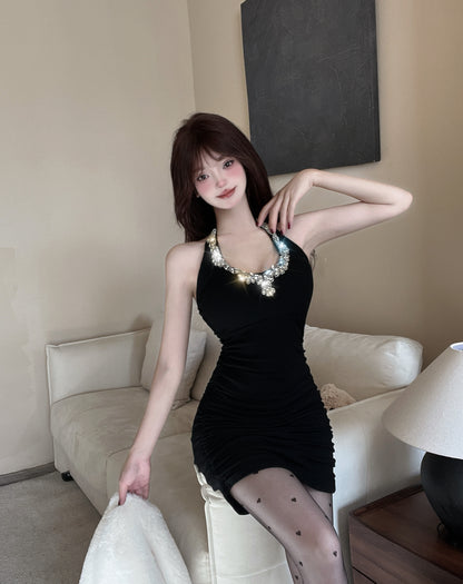 Splendid Bodycon Crystals Sequins Design Mini Skirt Playful Black Cinched-Waist Halter Short Dress AP3813