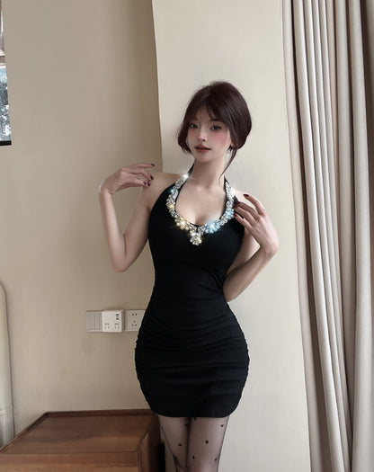 Splendid Bodycon Crystals Sequins Design Mini Skirt Playful Black Cinched-Waist Halter Short Dress AP3813