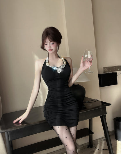 Splendid Bodycon Crystals Sequins Design Mini Skirt Playful Black Cinched-Waist Halter Short Dress AP3813