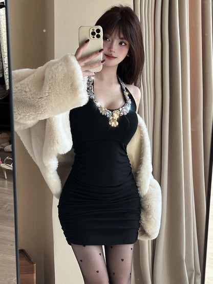 Splendid Bodycon Crystals Sequins Design Mini Skirt Playful Black Cinched-Waist Halter Short Dress AP3813