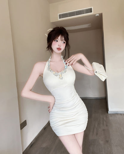 Enticing Cinched-Waist Bodycon Mini Skirt Vogue Crystals Sequins Design Halter Short Dress AP3814