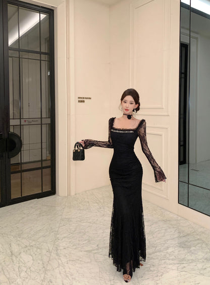 Romantic Square Neck Lace Long Sleeve Maxi Dress Stylish Black Beads Accent Mermaid Evening Long Dress AP3815
