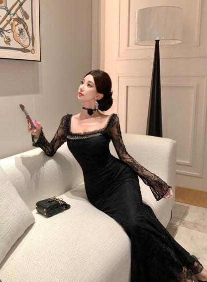 Romantic Square Neck Lace Long Sleeve Maxi Dress Stylish Black Beads Accent Mermaid Evening Long Dress AP3815