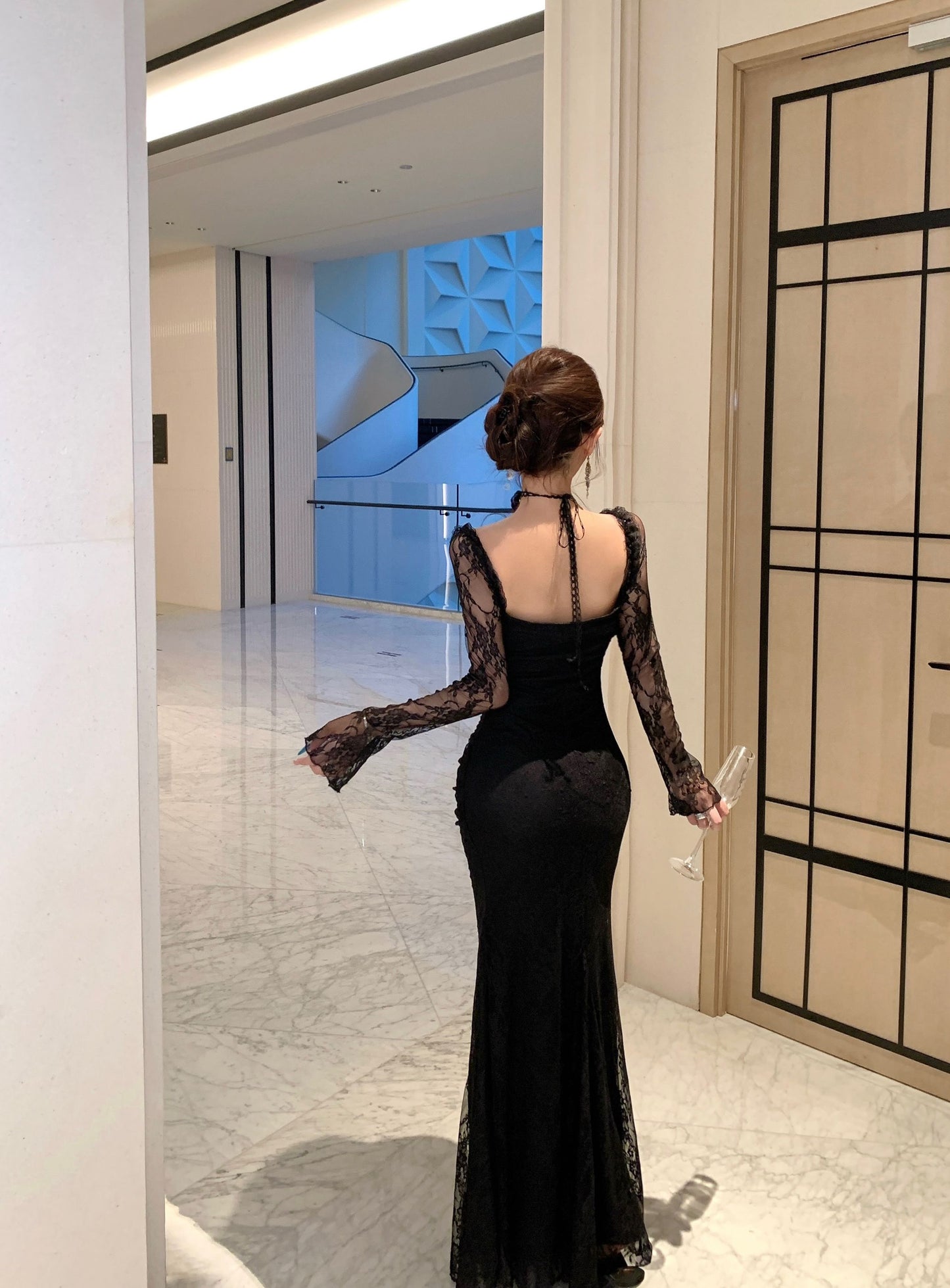 Romantic Square Neck Lace Long Sleeve Maxi Dress Stylish Black Beads Accent Mermaid Evening Long Dress AP3815