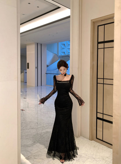 Romantic Square Neck Lace Long Sleeve Maxi Dress Stylish Black Beads Accent Mermaid Evening Long Dress AP3815
