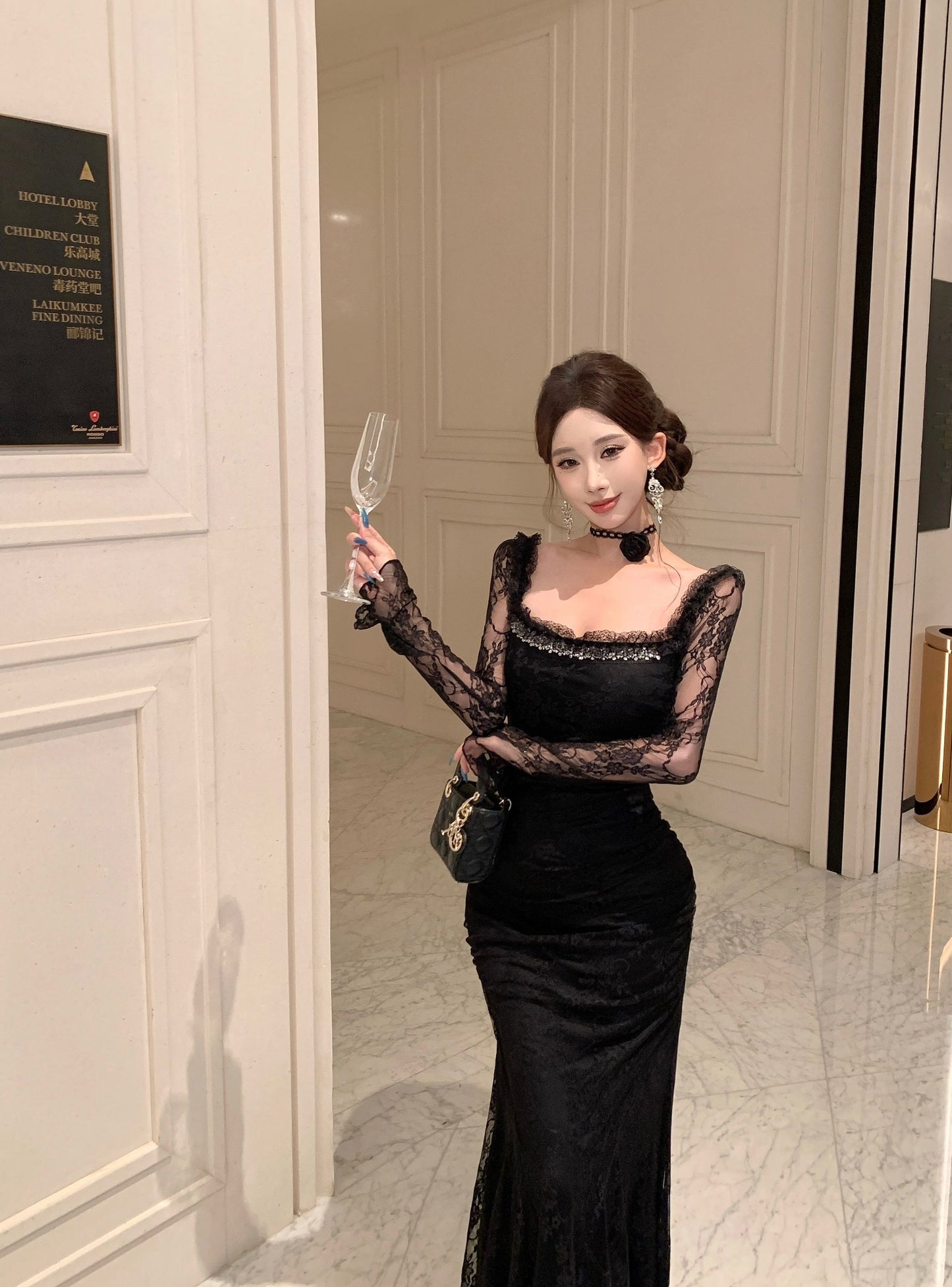 Romantic Square Neck Lace Long Sleeve Maxi Dress Stylish Black Beads Accent Mermaid Evening Long Dress AP3815