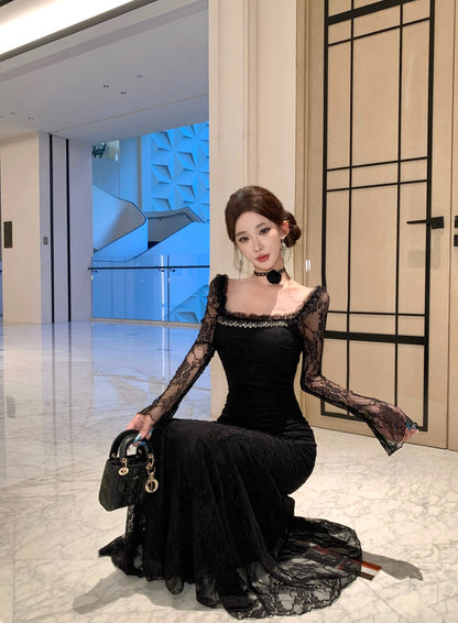 Romantic Square Neck Lace Long Sleeve Maxi Dress Stylish Black Beads Accent Mermaid Evening Long Dress AP3815