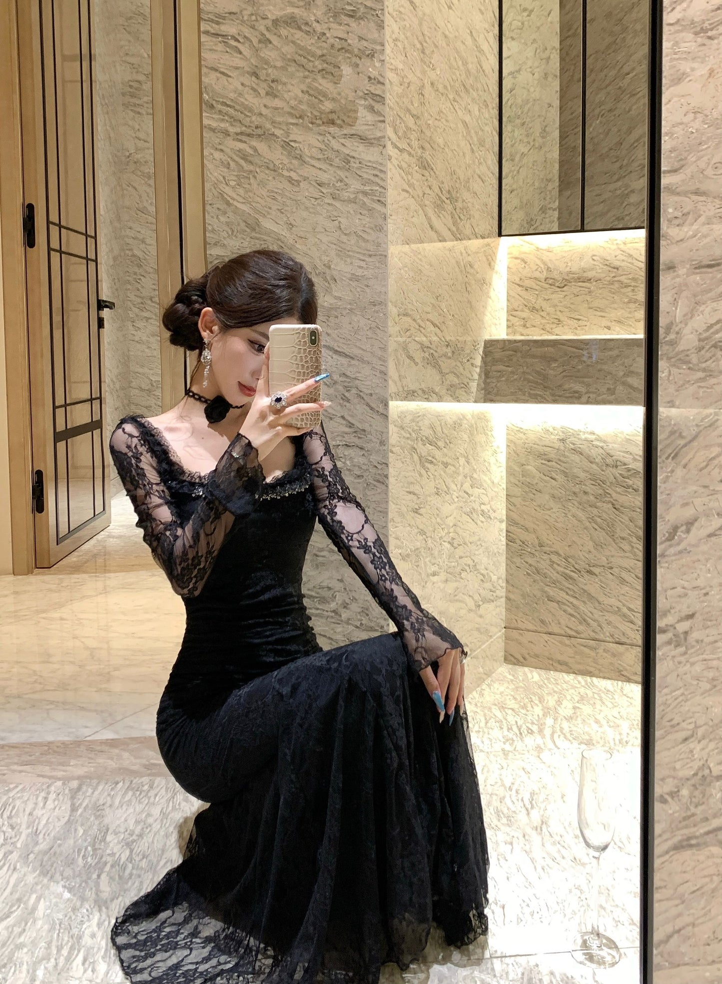 Romantic Square Neck Lace Long Sleeve Maxi Dress Stylish Black Beads Accent Mermaid Evening Long Dress AP3815