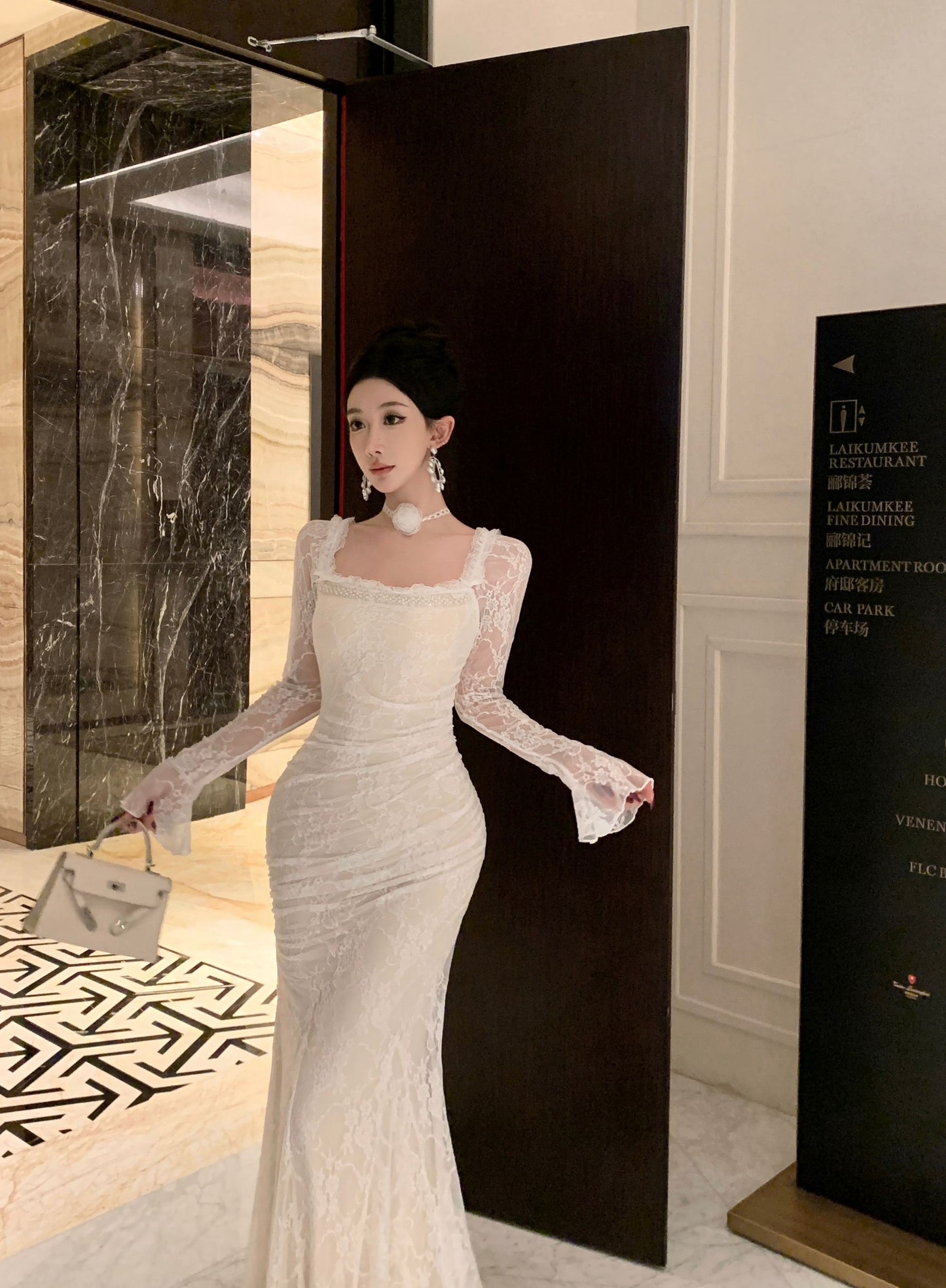 Ornate Lace Long Sleeve Mermaid Evening Maxi Dress Attractive Beads Accent Square Neck Long Dress AP3816