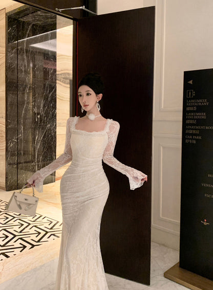 Ornate Lace Long Sleeve Mermaid Evening Maxi Dress Attractive Beads Accent Square Neck Long Dress AP3816