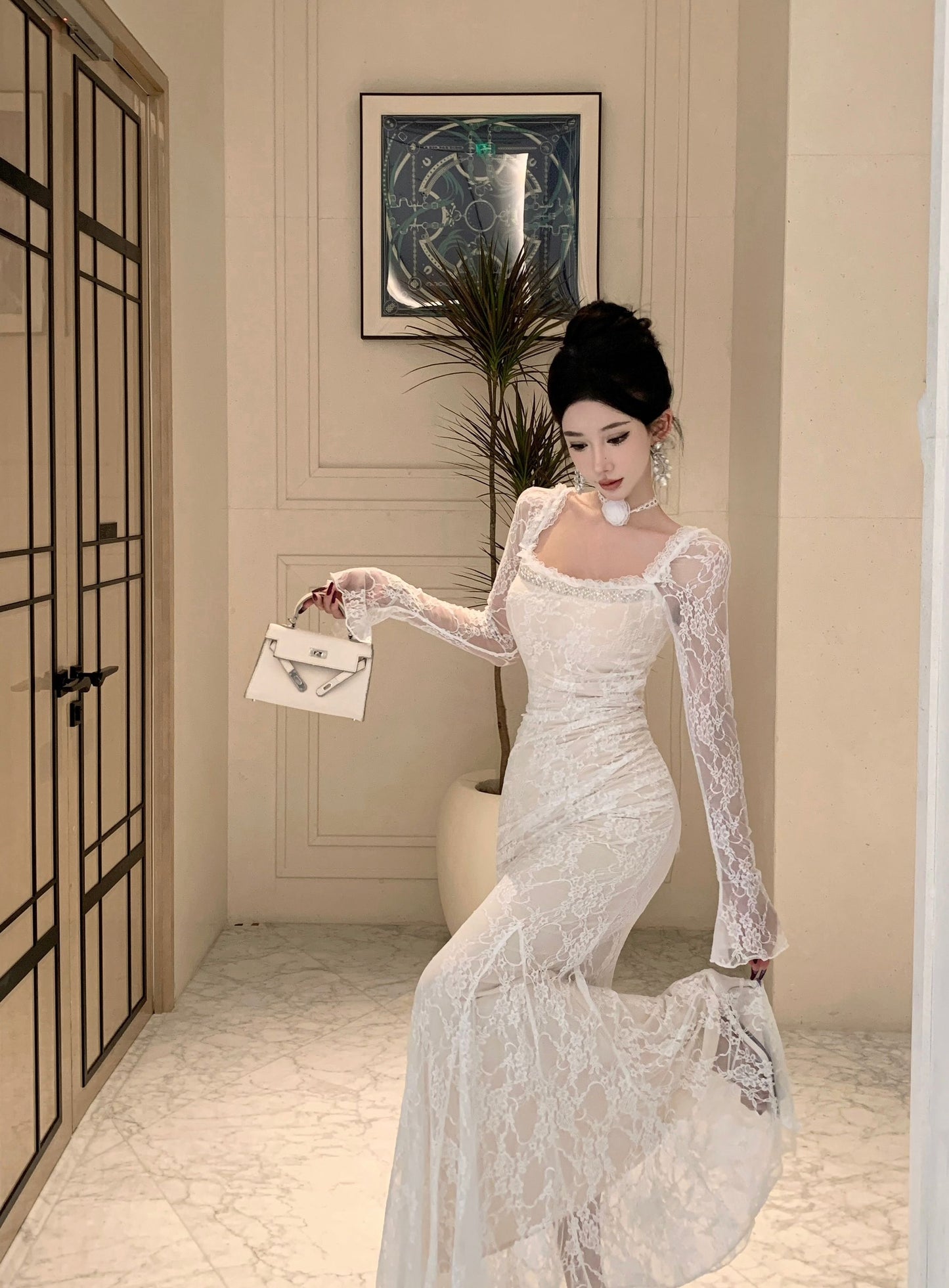 Ornate Lace Long Sleeve Mermaid Evening Maxi Dress Attractive Beads Accent Square Neck Long Dress AP3816