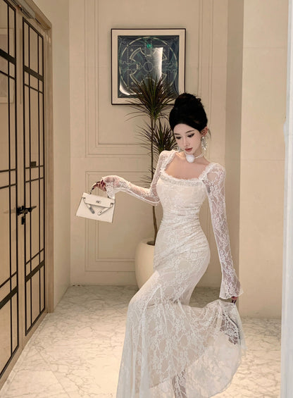 Ornate Lace Long Sleeve Mermaid Evening Maxi Dress Attractive Beads Accent Square Neck Long Dress AP3816