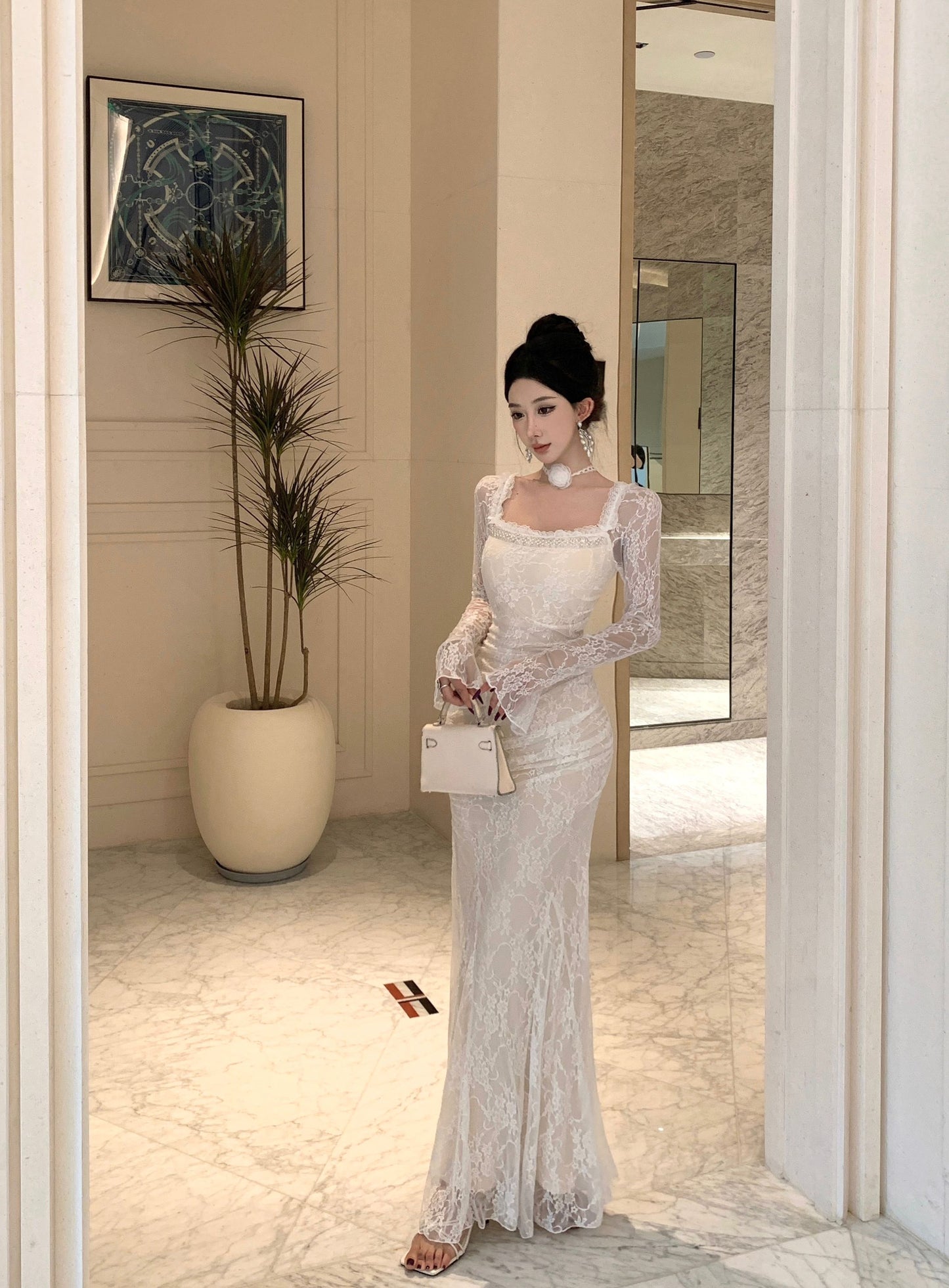 Ornate Lace Long Sleeve Mermaid Evening Maxi Dress Attractive Beads Accent Square Neck Long Dress AP3816