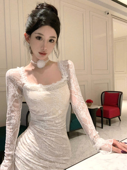 Ornate Lace Long Sleeve Mermaid Evening Maxi Dress Attractive Beads Accent Square Neck Long Dress AP3816