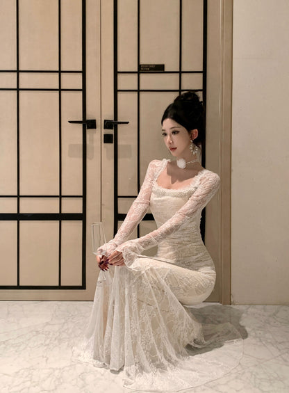 Ornate Lace Long Sleeve Mermaid Evening Maxi Dress Attractive Beads Accent Square Neck Long Dress AP3816