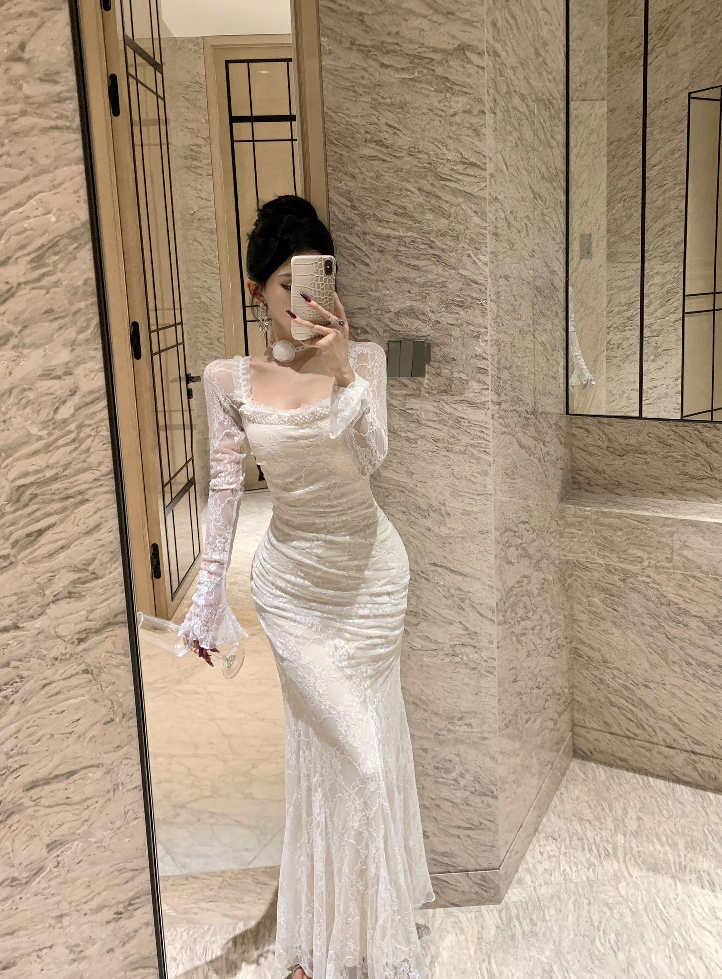 Ornate Lace Long Sleeve Mermaid Evening Maxi Dress Attractive Beads Accent Square Neck Long Dress AP3816