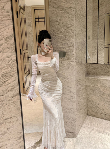 Ornate Lace Long Sleeve Mermaid Evening Maxi Dress Attractive Beads Accent Square Neck Long Dress AP3816