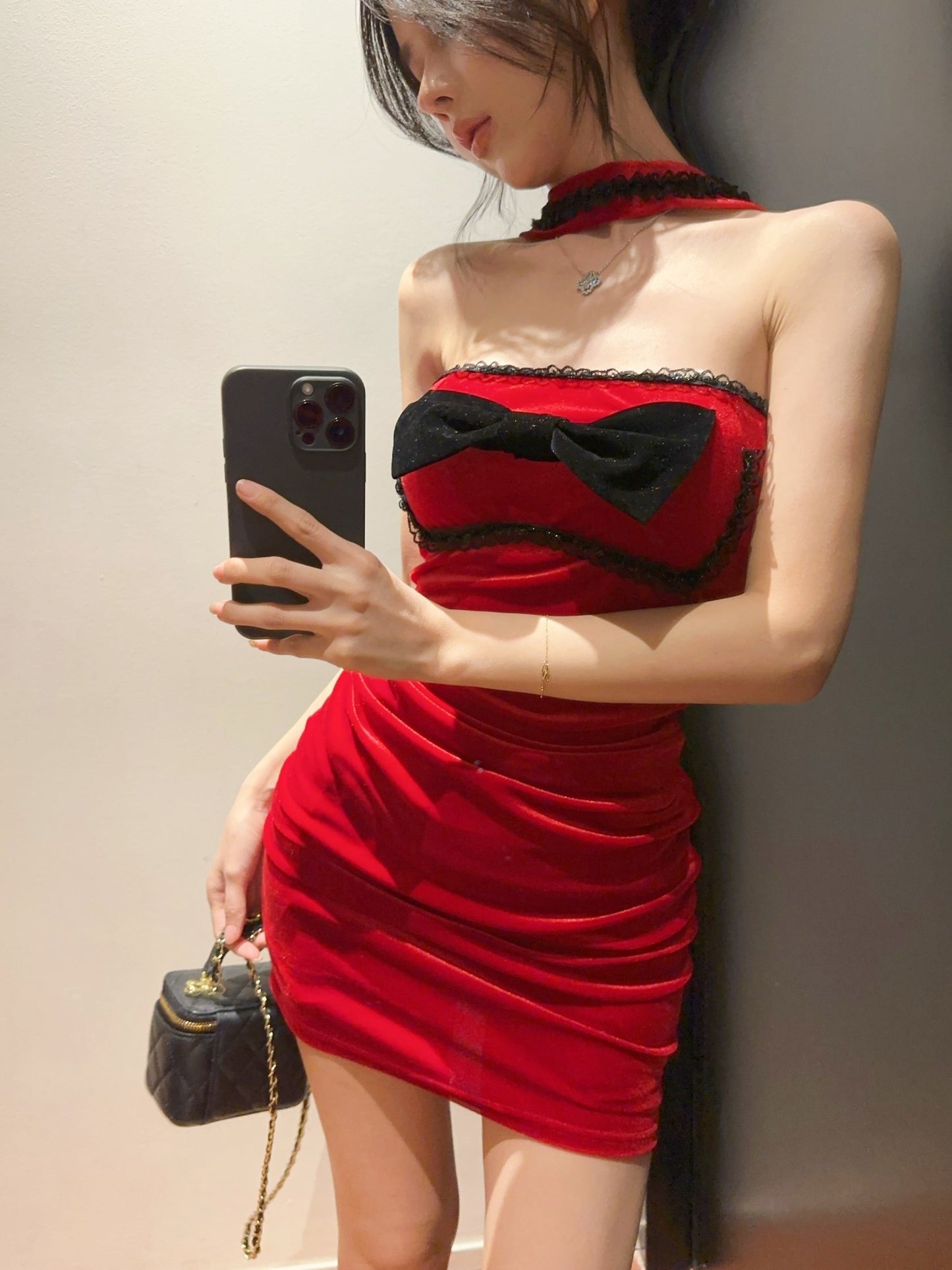 Fabulous Bodycon Red Velvet Mini Skirt Fancy Cinched-Waist Lace Trim Bow Halter Short Dress AP3817