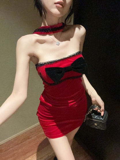 Fabulous Bodycon Red Velvet Mini Skirt Fancy Cinched-Waist Lace Trim Bow Halter Short Dress AP3817