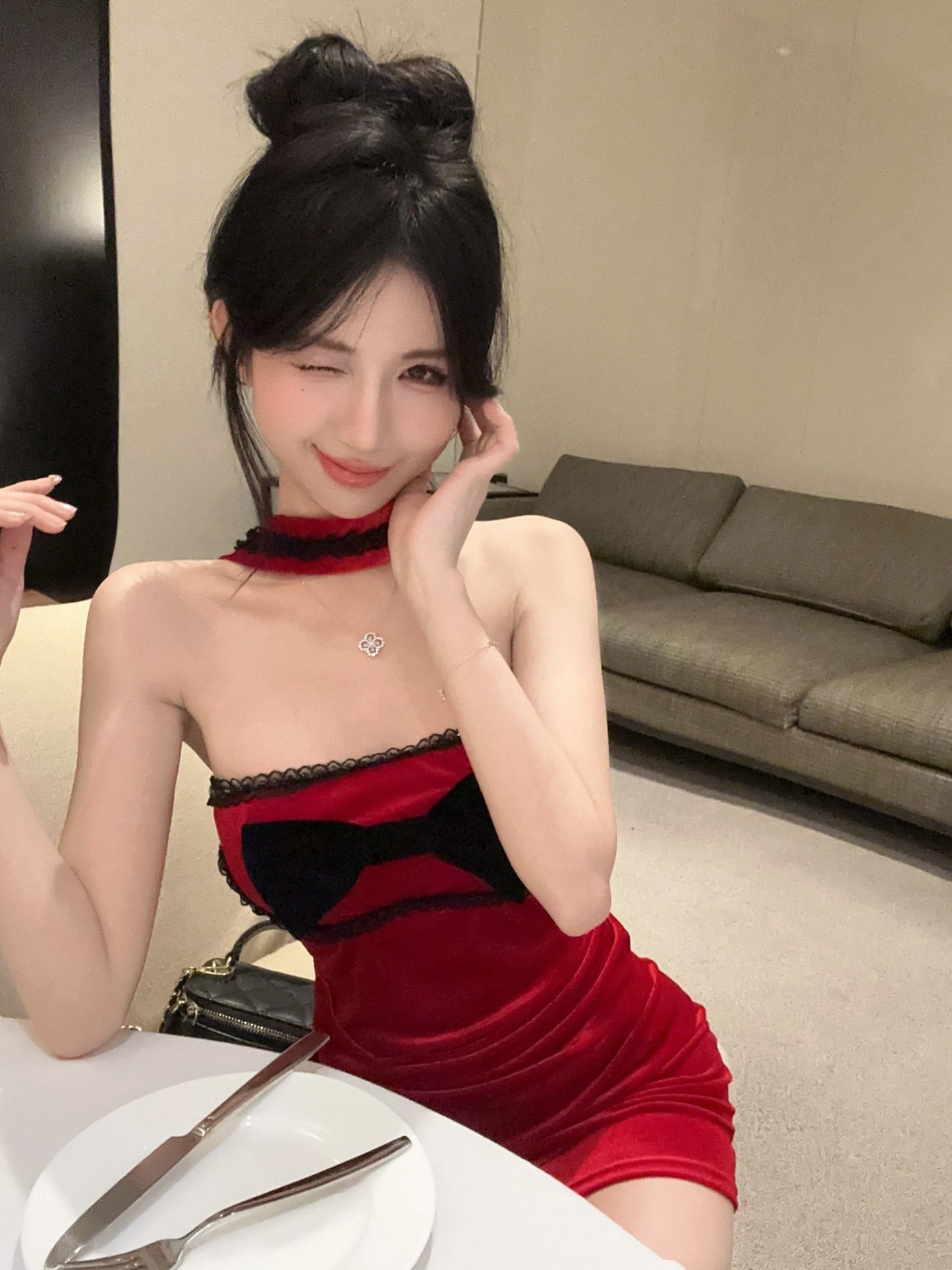 Fabulous Bodycon Red Velvet Mini Skirt Fancy Cinched-Waist Lace Trim Bow Halter Short Dress AP3817