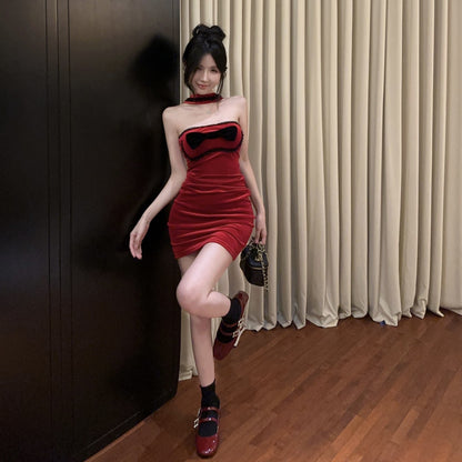 Fabulous Bodycon Red Velvet Mini Skirt Fancy Cinched-Waist Lace Trim Bow Halter Short Dress AP3817