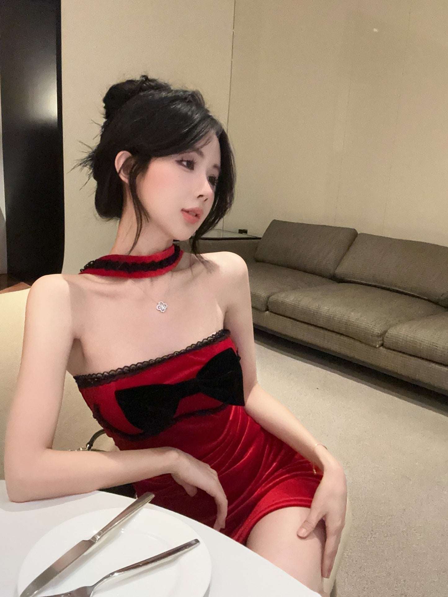 Fabulous Bodycon Red Velvet Mini Skirt Fancy Cinched-Waist Lace Trim Bow Halter Short Dress AP3817