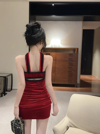 Fabulous Bodycon Red Velvet Mini Skirt Fancy Cinched-Waist Lace Trim Bow Halter Short Dress AP3817