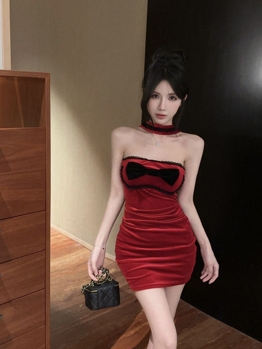 Fabulous Bodycon Red Velvet Mini Skirt Fancy Cinched-Waist Lace Trim Bow Halter Short Dress AP3817