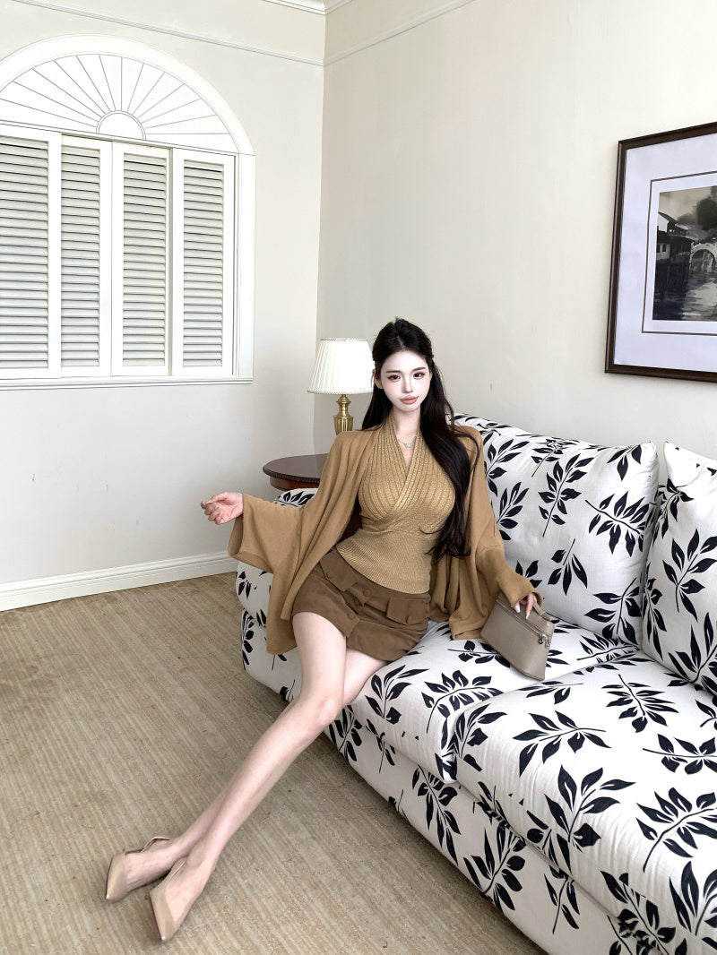 Chic Bodycon Ribbed Cinched-Waist Mini Skirt Vintage 2-Piece Set Halter Short Dress AP3818