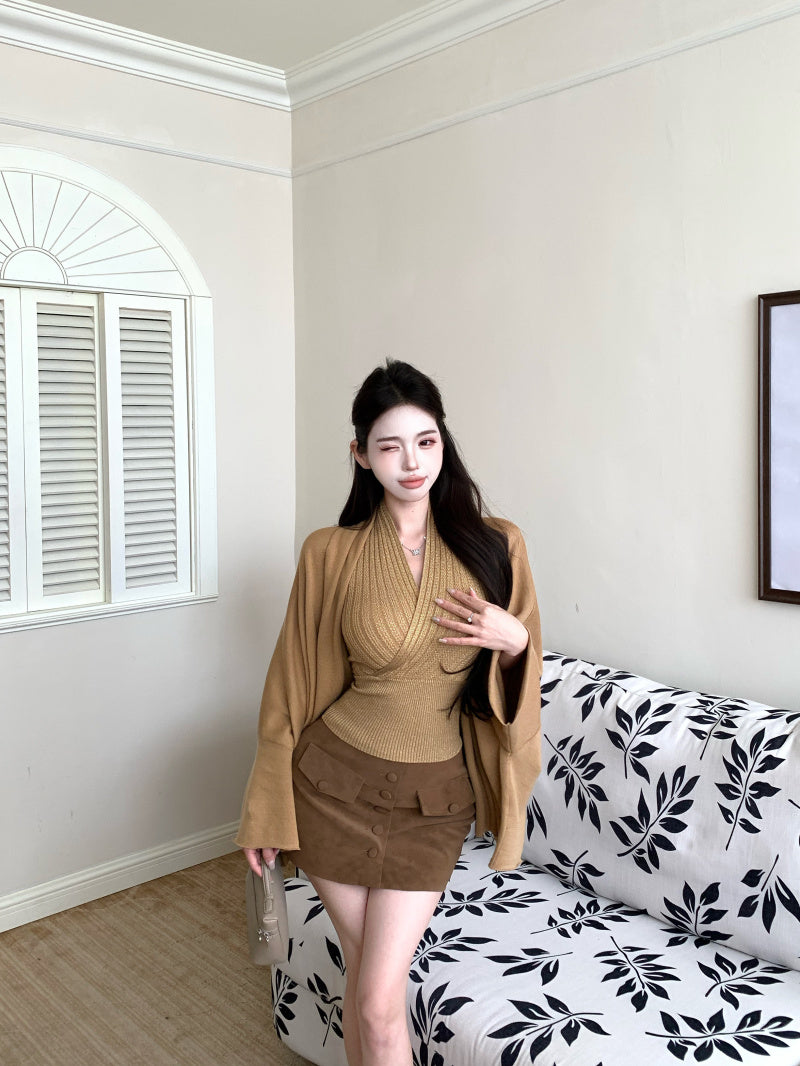 Chic Bodycon Ribbed Cinched-Waist Mini Skirt Vintage 2-Piece Set Halter Short Dress AP3818