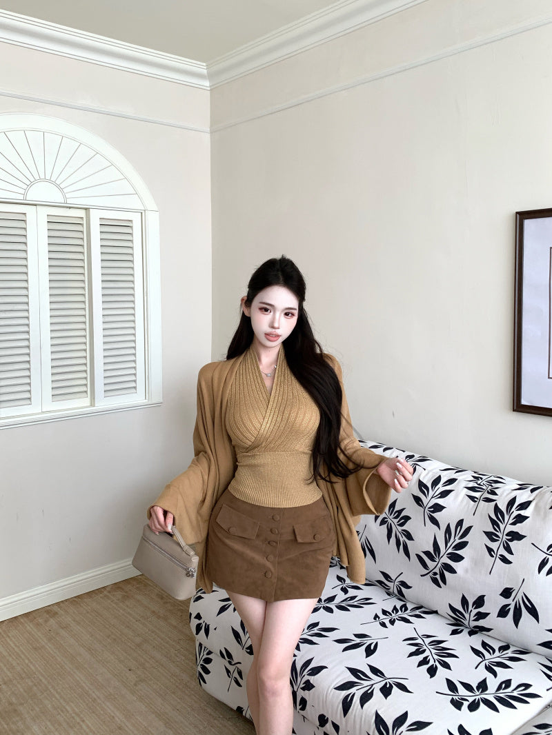 Chic Bodycon Ribbed Cinched-Waist Mini Skirt Vintage 2-Piece Set Halter Short Dress AP3818