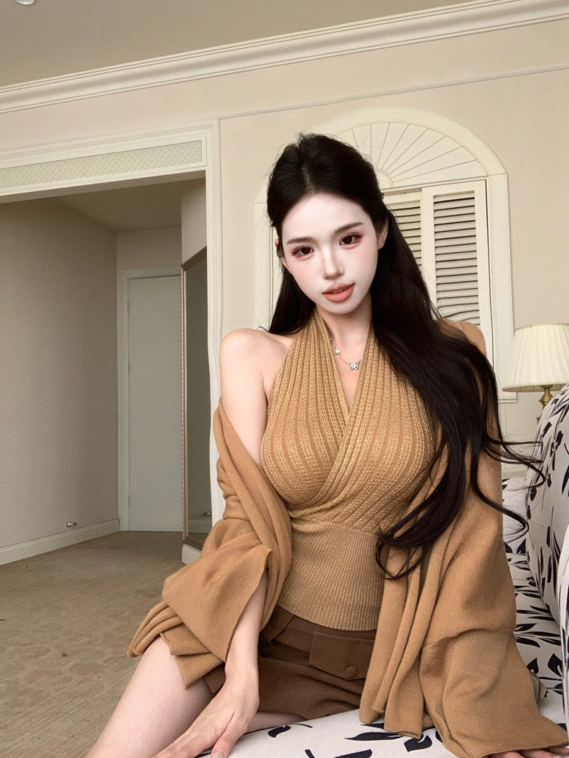 Chic Bodycon Ribbed Cinched-Waist Mini Skirt Vintage 2-Piece Set Halter Short Dress AP3818