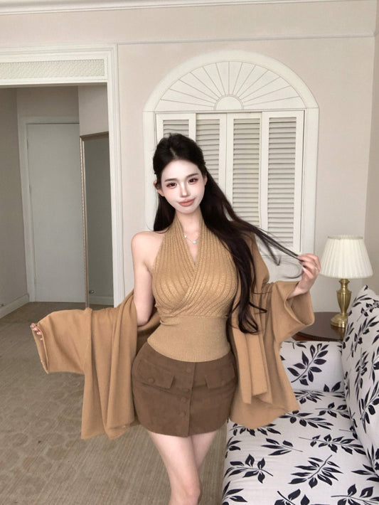 Chic Bodycon Ribbed Cinched-Waist Mini Skirt Vintage 2-Piece Set Halter Short Dress AP3818