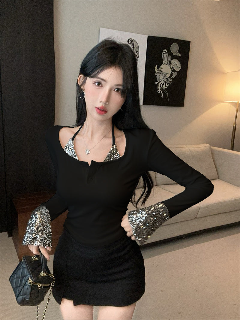 Luxurious Square Neck Long Sleeve Mini Skirt Bling Sequins Trim Bodycon Black Short Dress AP3819